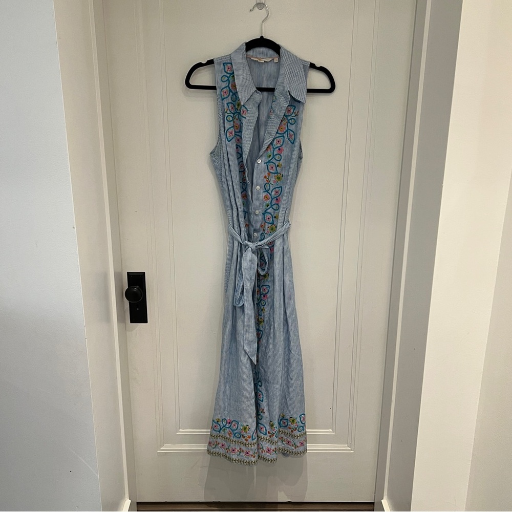 Boden Kate Embroidered Linen Light Blue Embroidered Midi Dress